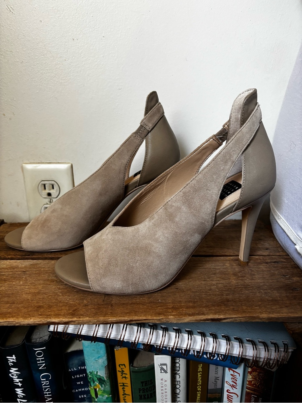 White House Black Market Taupe Suede Peep-Toe Slingback Heels